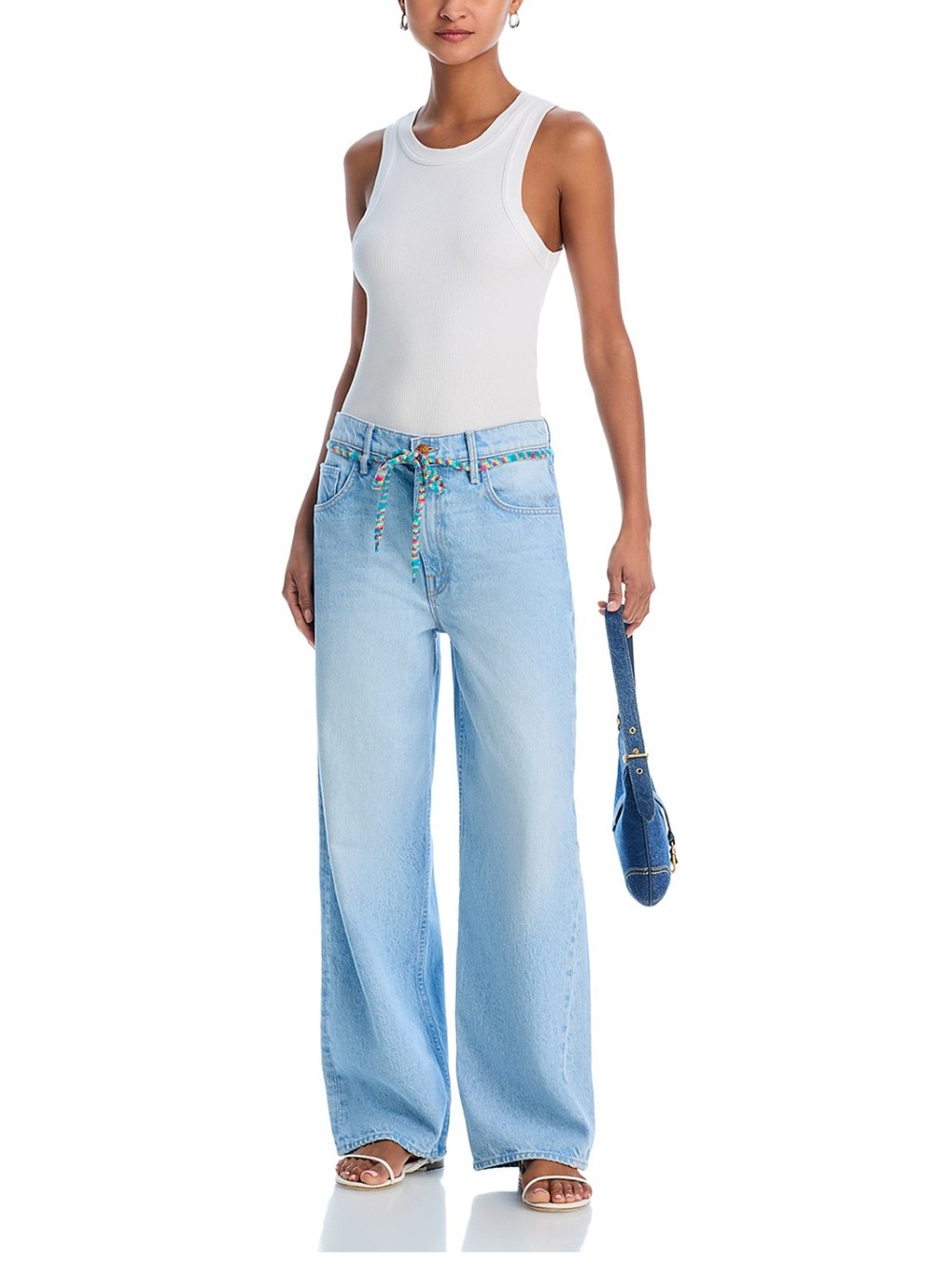MOTHER Light Blue Wide Leg Jeans with Multicolor Braided Belt